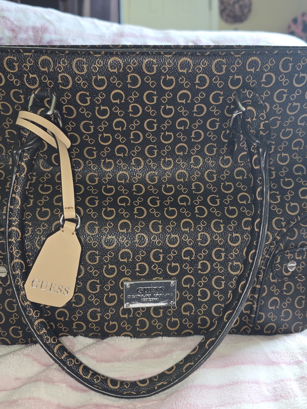 Guess Brown Monogram Shoulder Bag with Beige Tag